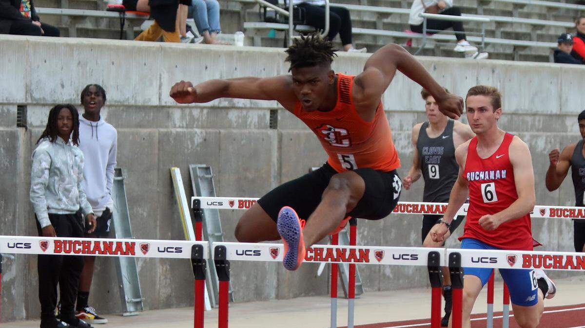 File photo of Central’s Noel Felix in the 110-meter hurdles on May 4, 2023.