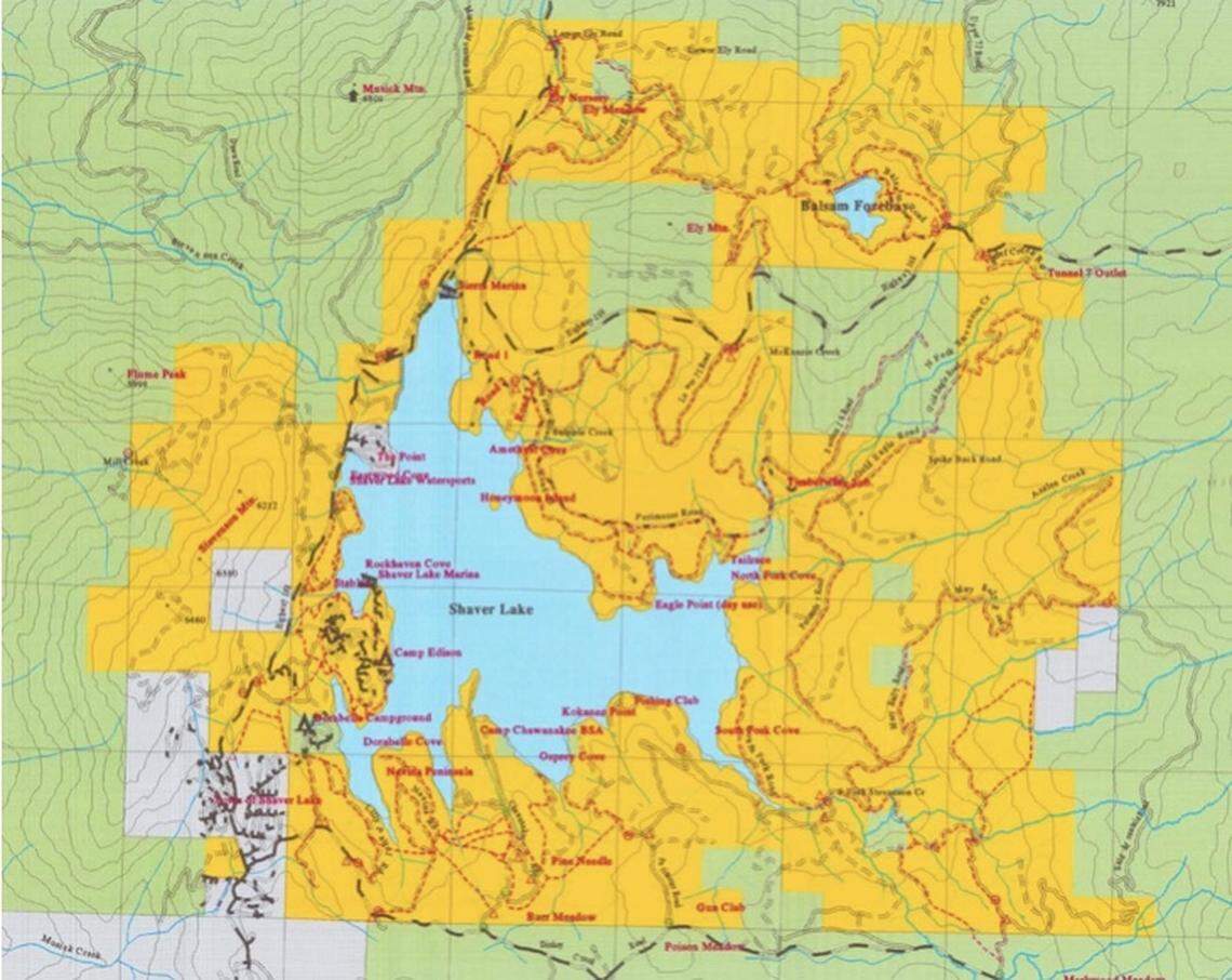 This map shows the 20,000 acres of private forest owned and managed by electricity provider Southern California Edison in the vicinity of Shaver Lake, California. SCE in-holdings are in yellow. US Forest Service land is in green. Private property is in gray.