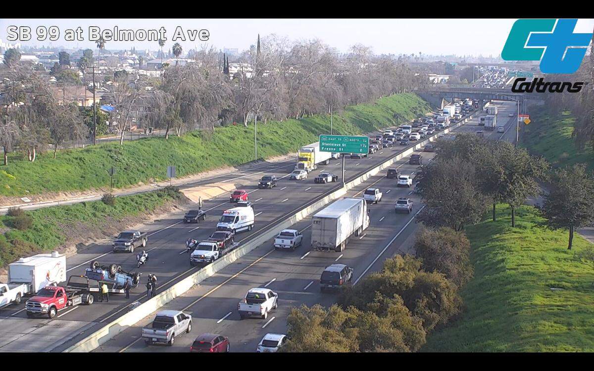 A truck overturned on northbound Highway 99 near Olive Avenue Friday, Jan. 23, 2026, snarling traffic, according to the California Highway Patrol.