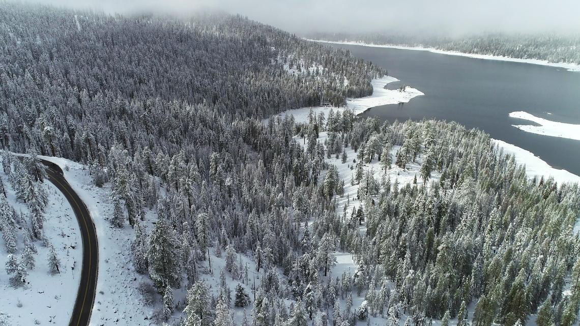 In late November 2018 fresh snow coats the trees between Huntington Lake and Highway 168 near China Peak in eastern Fresno County as seen from this drone image.