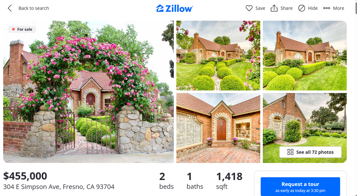 This storybook Tudor cottage at 304 East Simpson Ave. in Fresno is listed for sale on Zillow for $455,000.