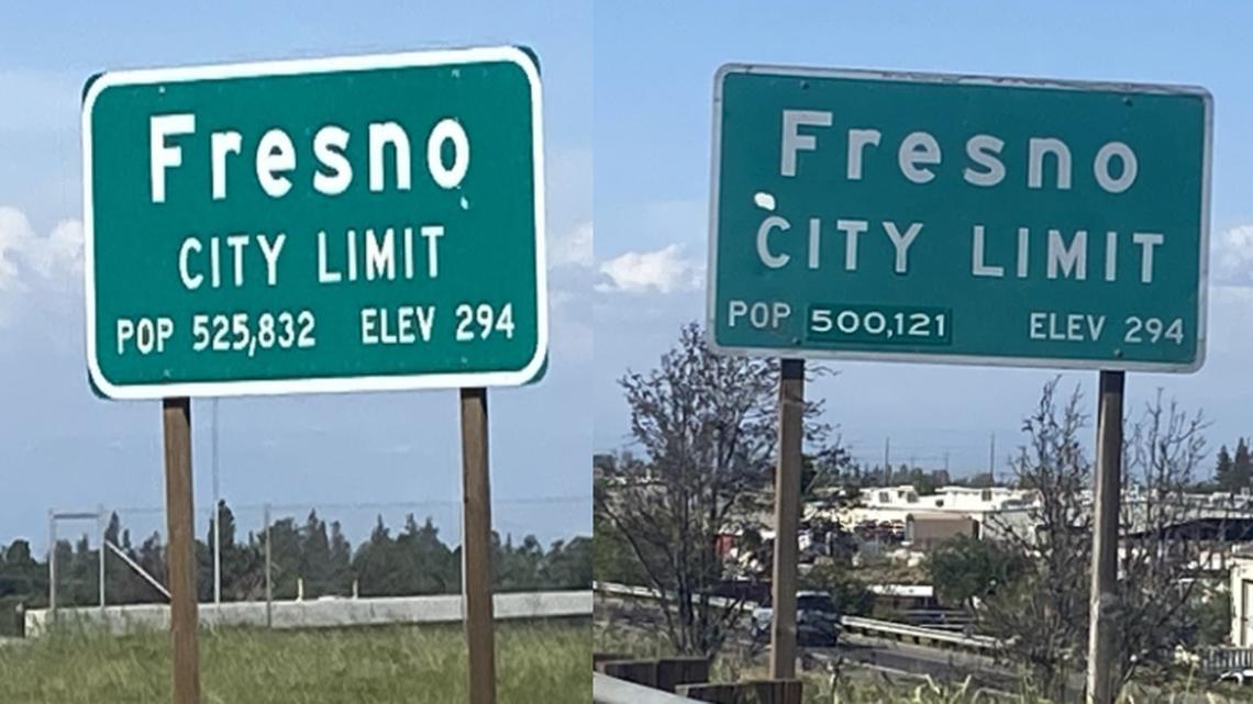 Un letrero de población y límite de la ciudad de Fresno en la Highway 180 en dirección oeste, al este de la salida de Marks Avenue, indica que la población de la ciudad es de 525,832 habitantes, mientras que un letrero de población y límite de la ciudad de Fresno en la Highway 41 en dirección norte, al sur de la salida de Jensen Avenue, indica que la población de la ciudad es de 500,121 habitantes.