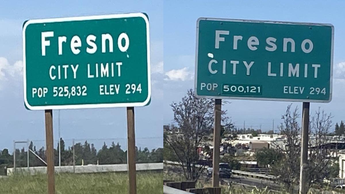 A Fresno city limit/population sign on westbound Highway 180 east of the Marks Avenue exit, tallies the city’s population at 525,832, while a Fresno city limit/population sign on northbound Highway 41 south of the Jensen Avenue exit tallies the city’s population at 500,121.