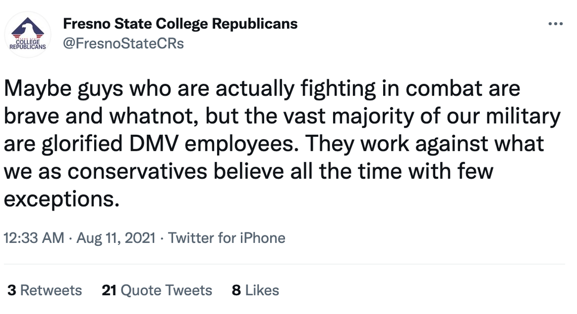 The Fresno State College Republicans responded to an Army vet-turned-comedian on his video about people needing to wear masks because of the ongoing COVID-19 pandemic.