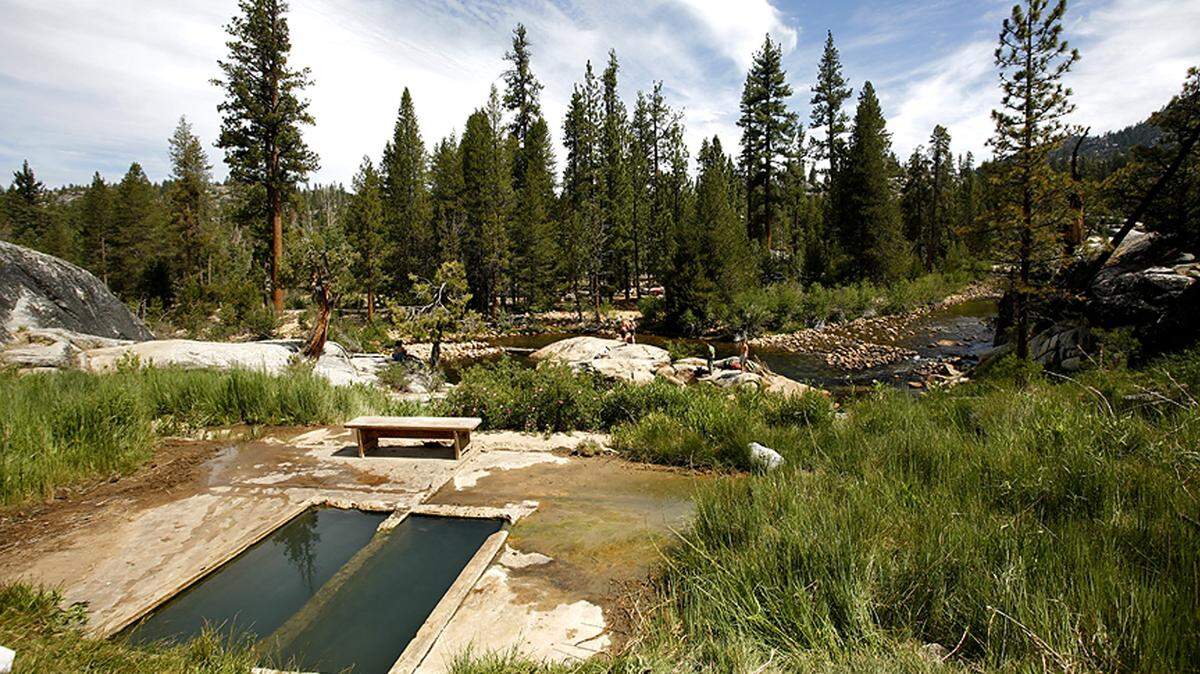 Located in the Sierra National Forest about 90 miles northeast of Fresno along Kaiser Pass Road, Mono Hot Springs was first inhabited by Native Americans and sat along a major trading route. The South Fork San Joaquin River is in the background.