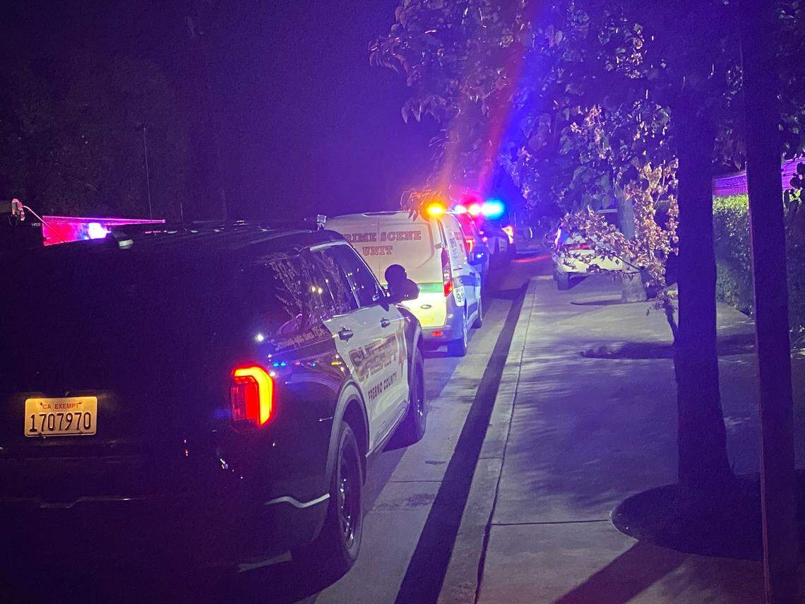 Deputies with the Fresno County Sheriff’s Office investigate a car-to-car shooting at Turner and Fine avenues in Fresno, California on Sunday, July 6, 2025.