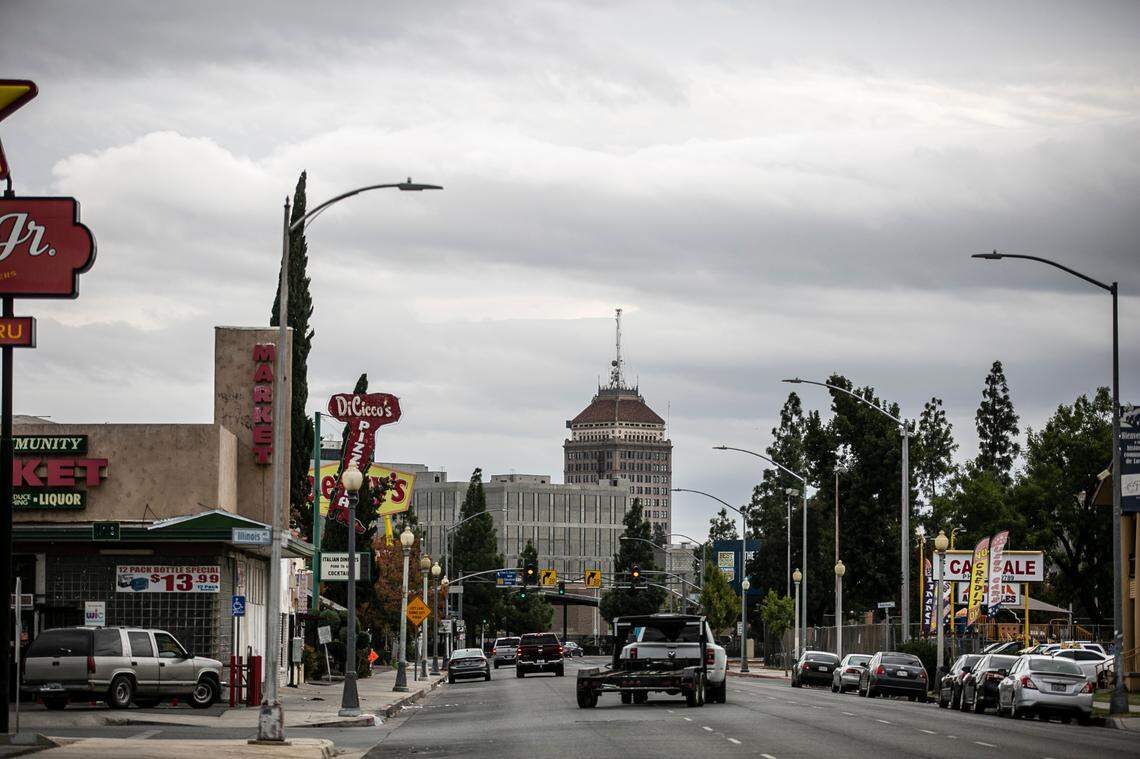 Dark clouds loom over downtown Fresno as a major winter storm bears down on the central San Joaquin Valley on Sunday Oct. 24, 2021.