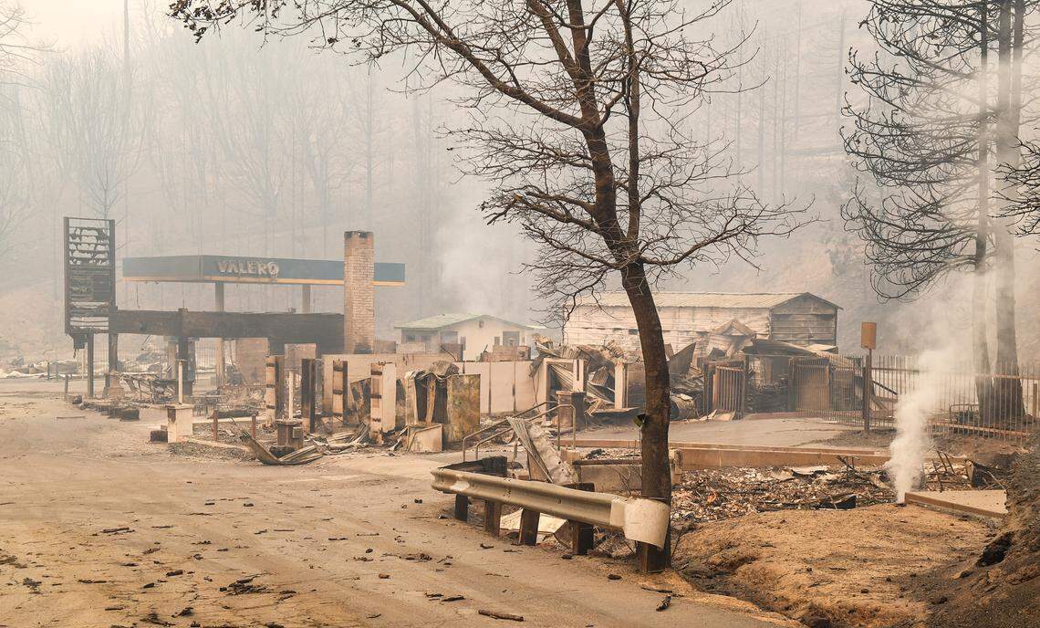 Cressman’s General Store and gas station at the top of the four lane on Highway 168 and west of Shaver Lake appears in ruins after the Creek Fire swept through the area, on Tuesday, Sept. 8, 2020.
