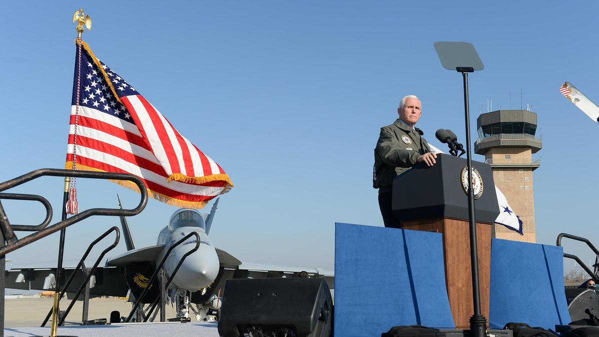 Vice President Mike Pence speaks before a group of airmen and women at Lemoore Naval Air Station on Saturday, Jan. 16, 2021.
