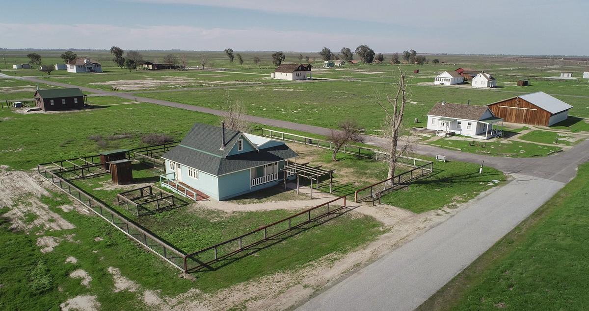 A drone image shows Col. Allen Allensworth’s home in the foreground with the rest of the town behind it at Colonel Allensworth State Historic Park near Earlimart on Thursday, Feb. 7, 2019.