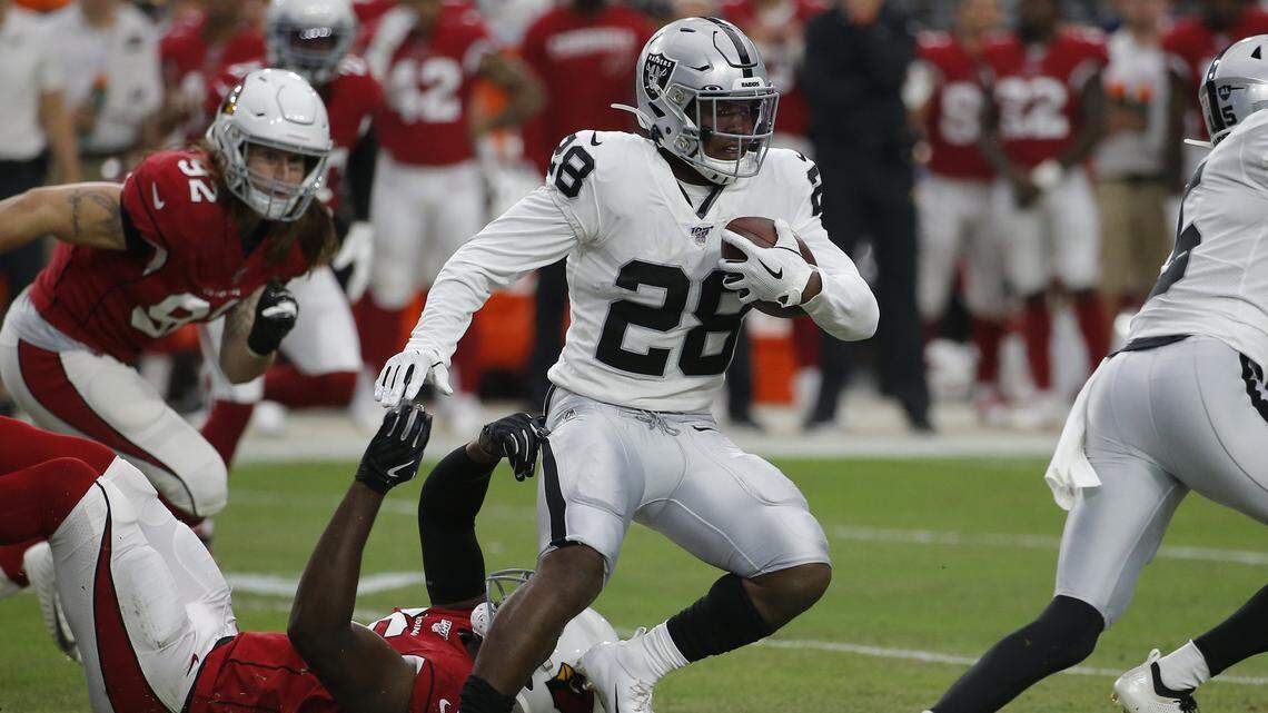 Oakland Raiders running back Josh Jacobs (28) during an an NFL preseason football game against the Arizona Cardinals, Thursday, Aug. 15, 2019, in Glendale, Ariz. The Raiders won 33-26.