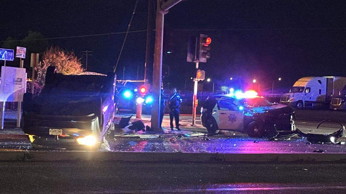 Fresno police cruiser involved in rollover crash while pursuing suspect