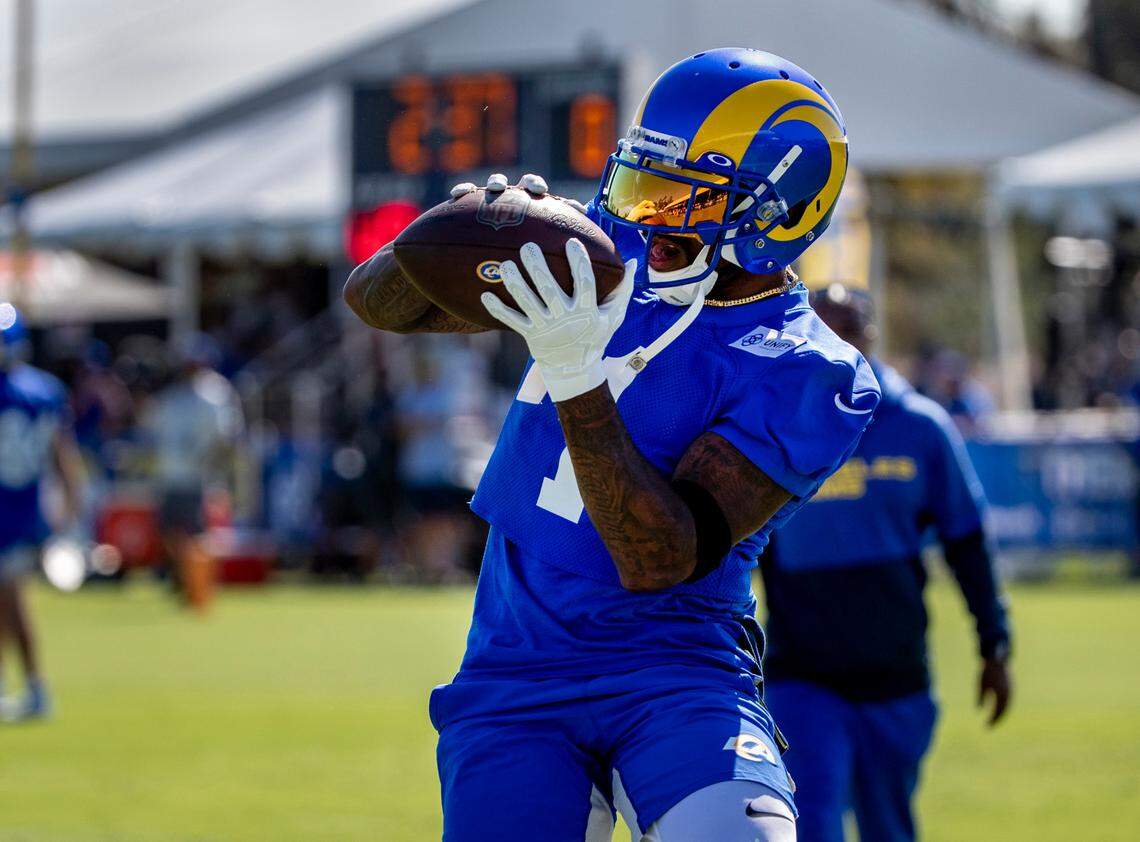 Former Los Angeles Rams wide receiver DeSean Jackson (1) pulls in a pass on the first day of training camp at UC Irvine on July 28, 2021 in Irvine, California.