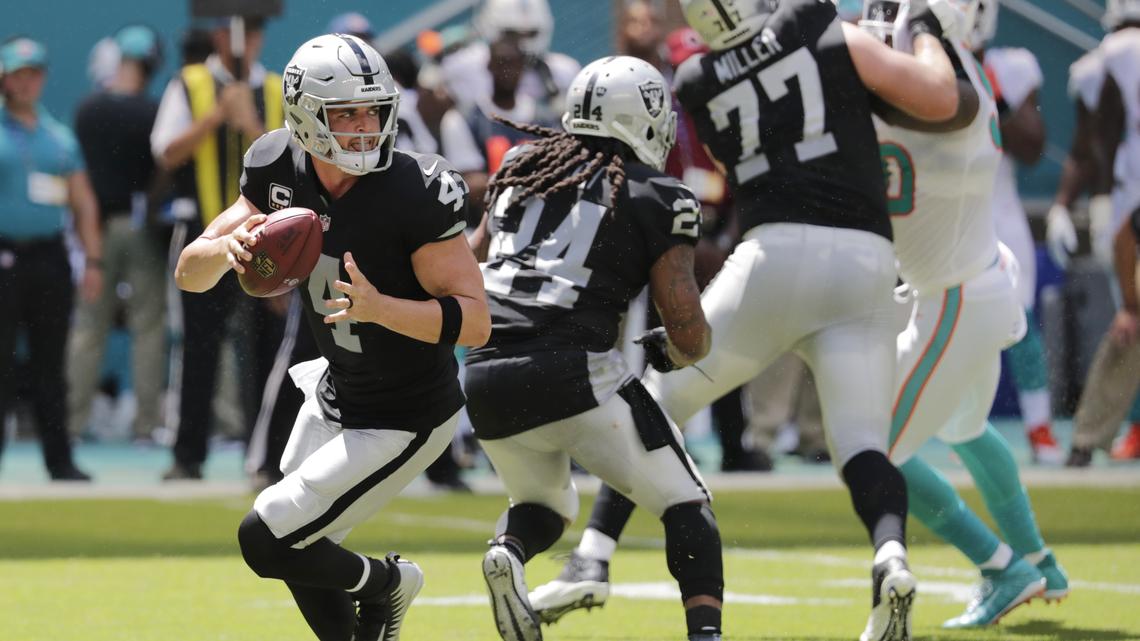 Oakland Raiders quarterback Derek Carr (4) drops back to pass during the first half of an NFL game against the Miami Dolphins, Sunday, Sept. 23, 2018 in Miami Gardens, Fla.