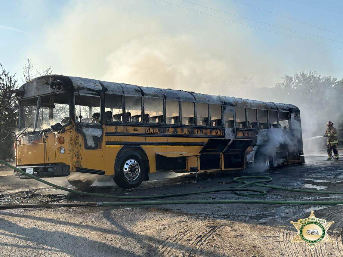A Madera Unified School District bus caught on fire after farm workers saw smoke.