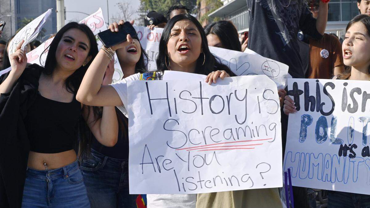 Hundreds of Fresno High School students protesting ICE march through town to the Fresno Unified School District offices downtown Friday afternoon, Jan. 30, 2026 in Fresno.