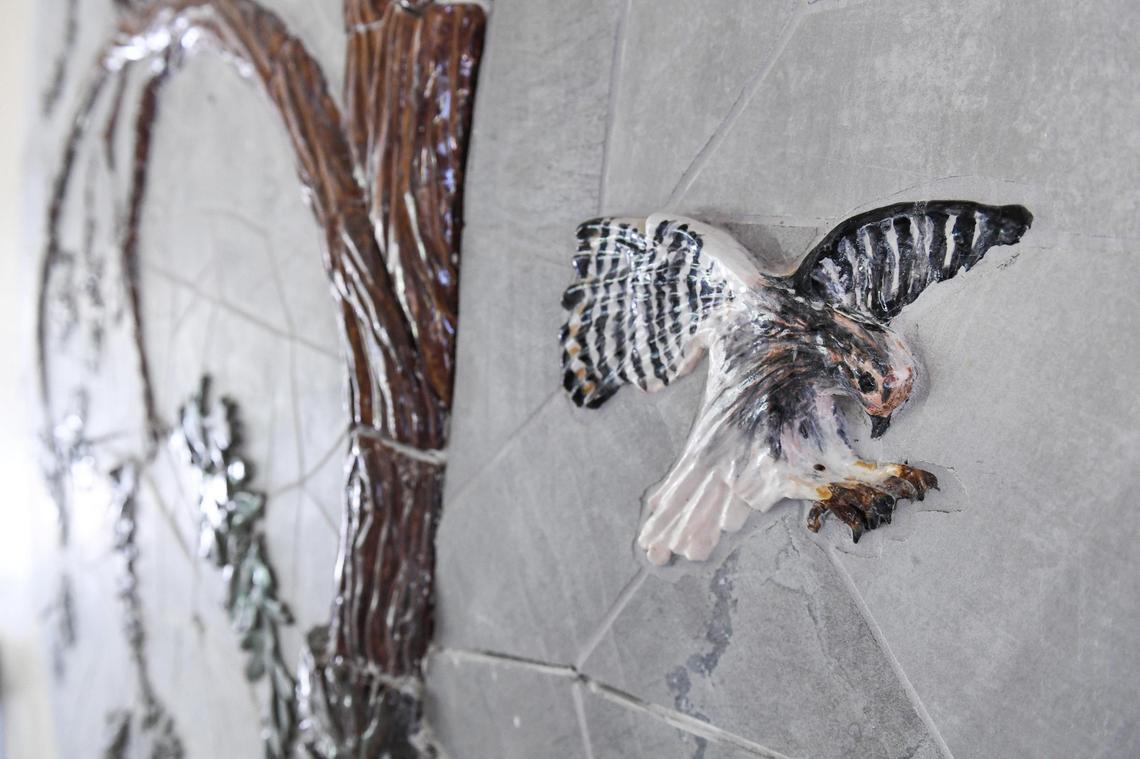 A hawk made by artist David Roberts’ son Jack Roberts, a student at Manchester GATE Elementary School, is shown in the bas-relief and mosaic ceramic mural David Roberts helped create with sixth-graders at the school.