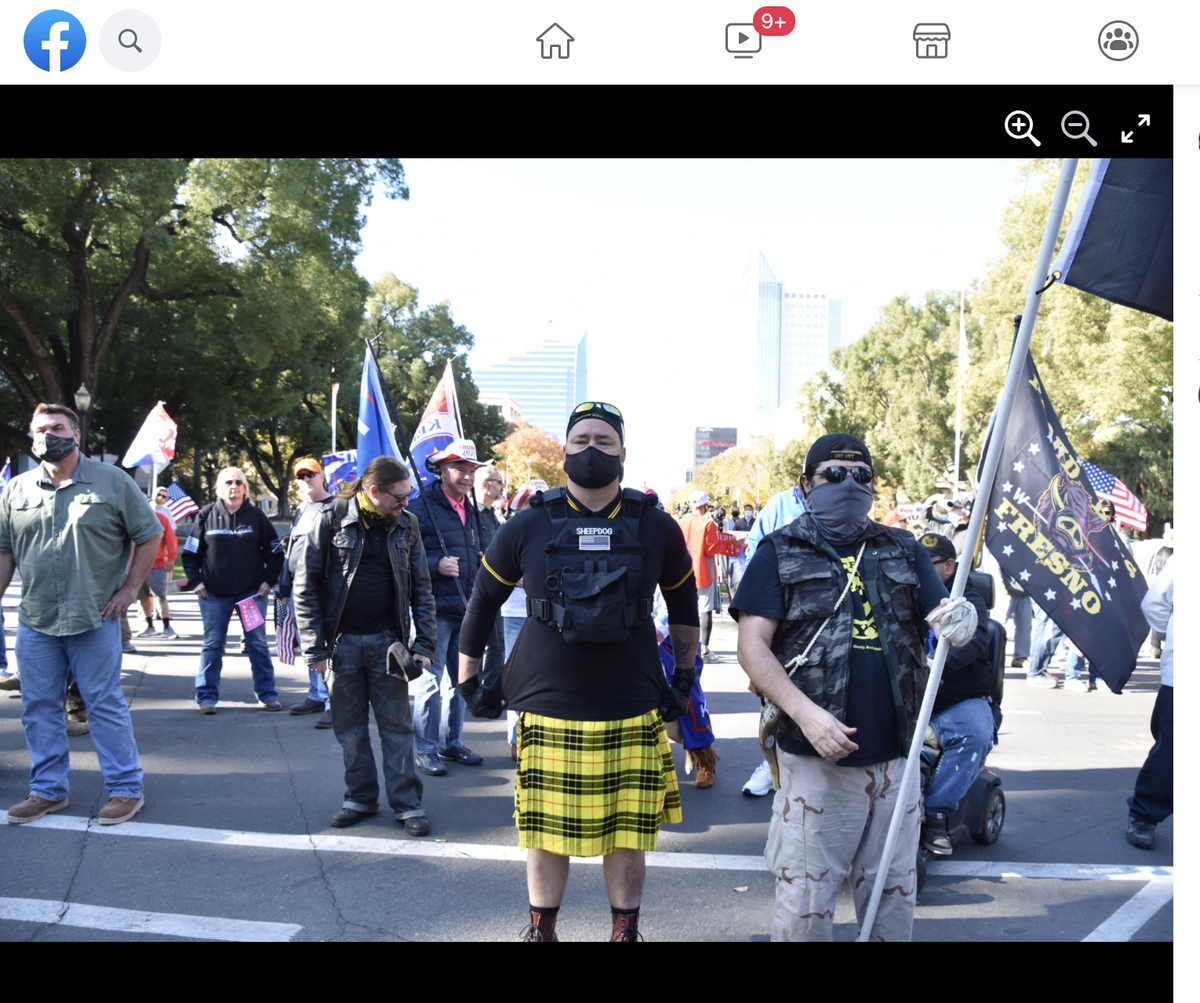 A photo posted to Facebook shows a man identified as Fresno Police Officer Rick Fitzgerald dressed in Proud Boy gear at a “Stop the Steal” protest opposing the election results at the California Capitol on Nov. 21, 2020.