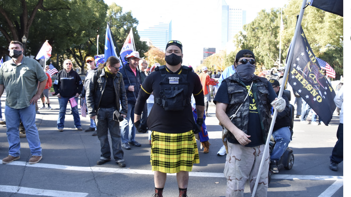 A photo posted to Facebook shows a man identified as Fresno Police Officer Rick Fitzgerald dressed in Proud Boy gear at a “Stop the Steal” protest opposing the election results at the California Capitol on Nov. 21, 2020.