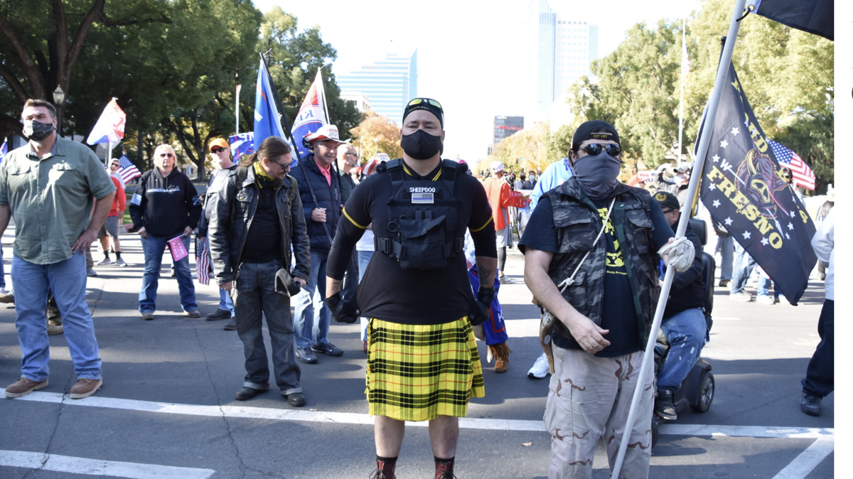 A photo posted to Facebook shows a man identified as Fresno Police Officer Rick Fitzgerald dressed in Proud Boy gear at a “Stop the Steal” protest opposing the election results at the California Capitol on Nov. 21, 2020.