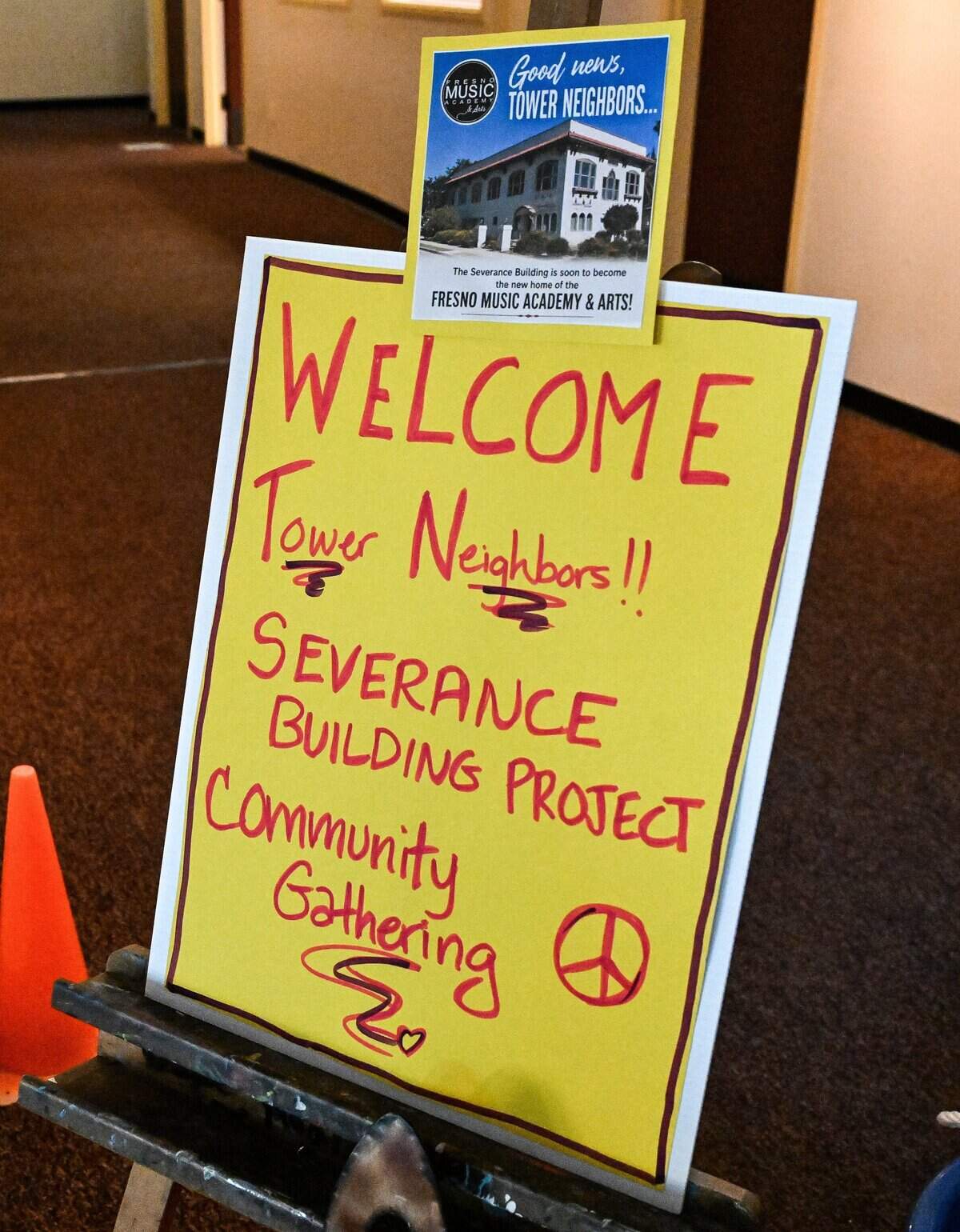 A sign welcomes community members to the Severance School of Dance held by the Fresno Music Academy & Arts at the building in Fresno's Tower District on Tuesday, July 7, 2026. Debi Ruud and her husband John Alden held a community meeting at the recently purchased building to get ideas and answer questions about their plan to move their music school into the building.