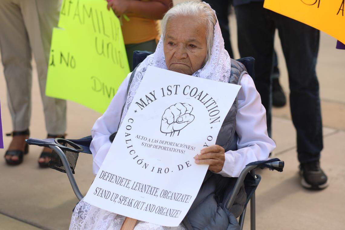 The May 1st Coalition, a broad coalition of community-based organizations and residents, urges the immigrant community to protect themselves against immigration crackdown during a press conference outside of the Robert E. Coyle United States Courthouse, in downtown Fresno on Oct. 1, 2025.