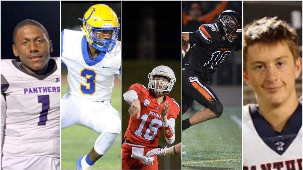 Here are The Fresno Bee high school football Player of the Week nominees from the Central Section semifinals from left to right: QB Lawrence Stell of Washington Union, RB Tyree Martin of Dos Palos, QB Ian Kirby of Buchanan, WR Aaron Blancas of Selma and QB Finn Collins of San Joaquin Memorial.
