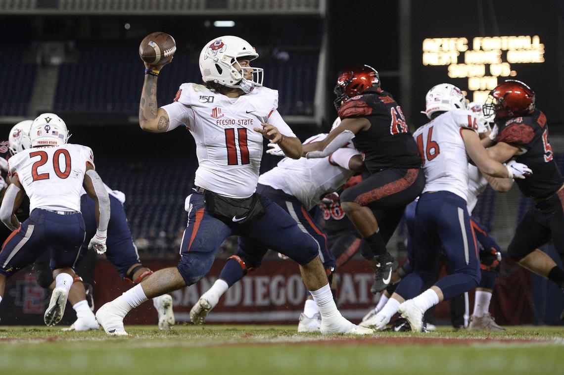 Fresno State quarterback Jorge Reyna (11) throws a pass against San Diego State in a 17-7 loss to the Aztecs Friday, Nov. 15, 2019, in San Diego. The Bulldogs’ offense generated only 206 yards in the loss.