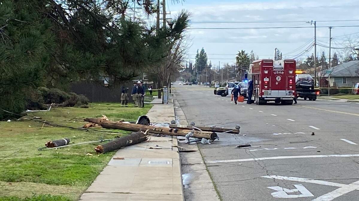 A hit-and-run driver collided with a power pole Sunday morning, March 12, 2023, on Palm Avenue south of Dakota Avenue in central Fresno. The crash knocked out electricity to more than 250 homes in an area along Palm Avenue stretching from Dakota Avenue south toward Shields Avenue.