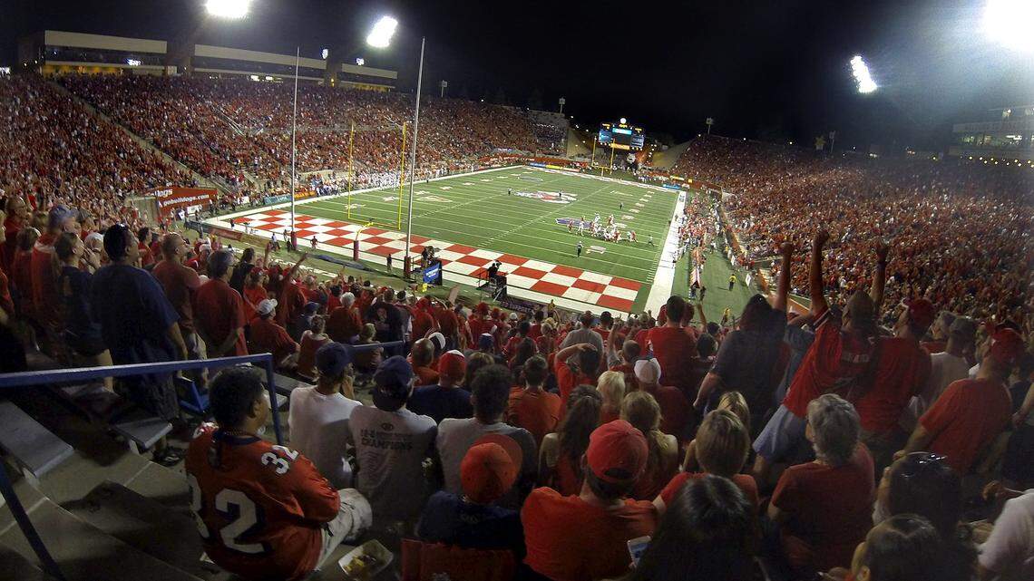 Packed house at Bulldog Stadium, a sea of red, of Fresno State and Nebraska fans in 2014 home opener.