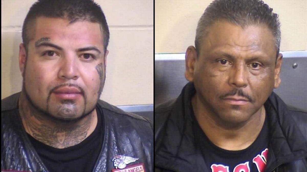 MAGEC anti-gang officers arrested Hells Angels Rey Rodriguez, 32, left, and Stephen Meza, 58, right, on weapons charges after a warrant was served at party in central Fresno on Saturday.
