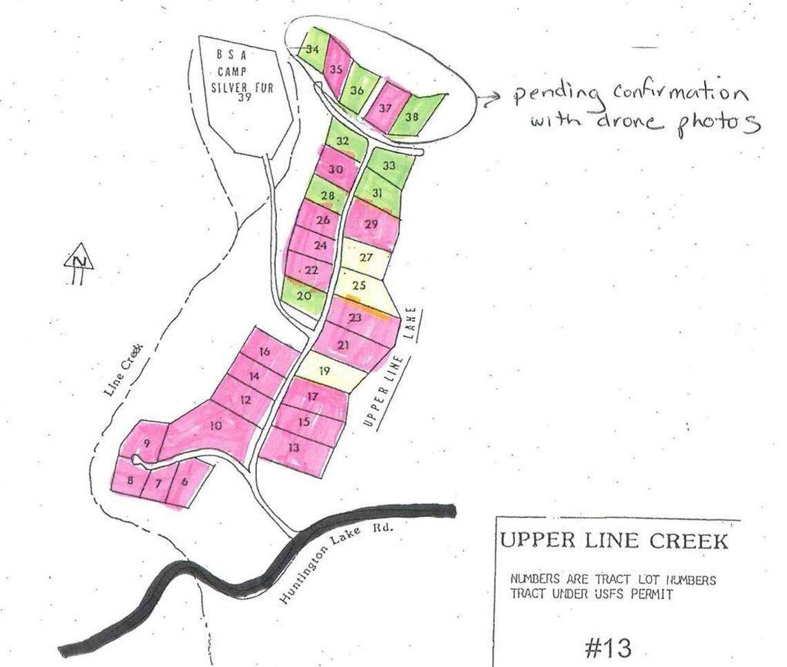 One map shared on a Huntington Lake Facebook page Sept. 12, 2020 showing cabins marked as destroyed, in red, by the Creek Fire. Bee journalists who surveyed the lower portion of the road the following day saw much of that destruction.