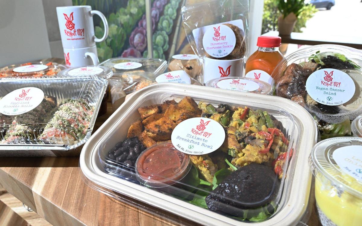 Food options available at Janna Melkonian’s new Rappit Up!, a food store offering vegan options to go from breakfast to soups and sandwiches and pasta. Rappit Up! focuses on fresh hand crafted healthy food options. Photographed Friday, July 12, 2024 in Fresno.