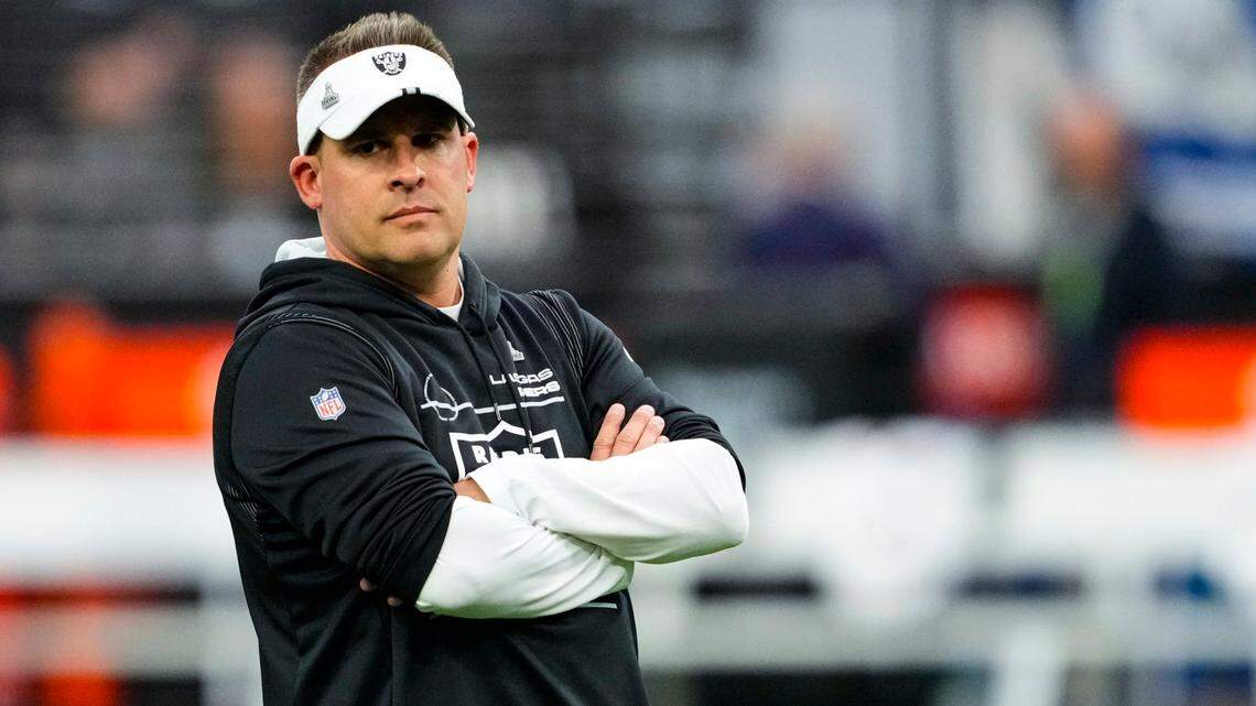 Las Vegas Raiders head coach Josh McDaniels watches warms up before an NFL game against the Indianapolis Colts in Las Vegas, Sunday, Nov. 13, 2022.