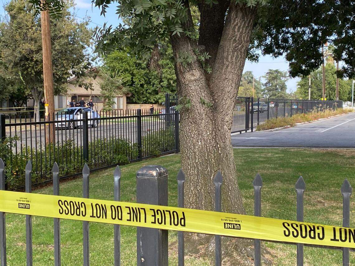 Police officers respond to the scene of a homicide in the 4200 block of East Union Avenue near Cedar and Clinton avenues in Fresno, California, on Monday, Sept. 18, 2023.