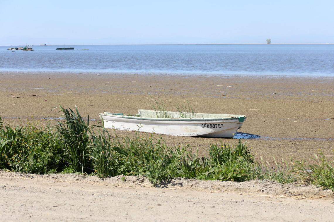 Un bote se ve a lo largo de 6th Avenue cerca de una milla al sur de Quebec Avenue, en el sur de la ciudad de Corcoran, donde las inundaciones están volviendo a crear el antiguo lago Tulare. Fotografiado el jueves 6 de abril de 2023, al sur de Corcoran, California.