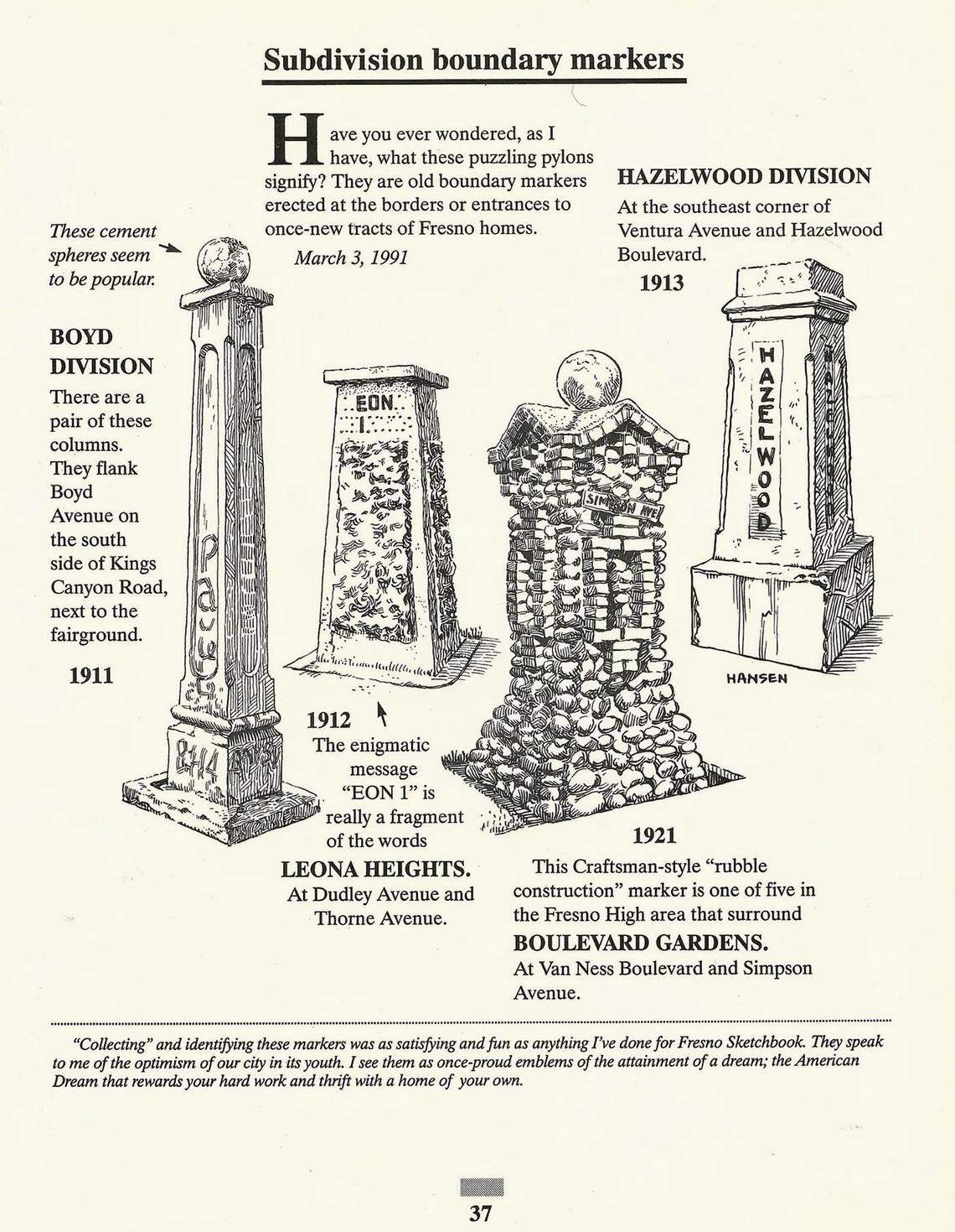 An illustration by former Fresno Bee artist Doug Hansen shows the various subdivision boundary markers including the Fresno High neighborhood stone pillar erected in 1921. 