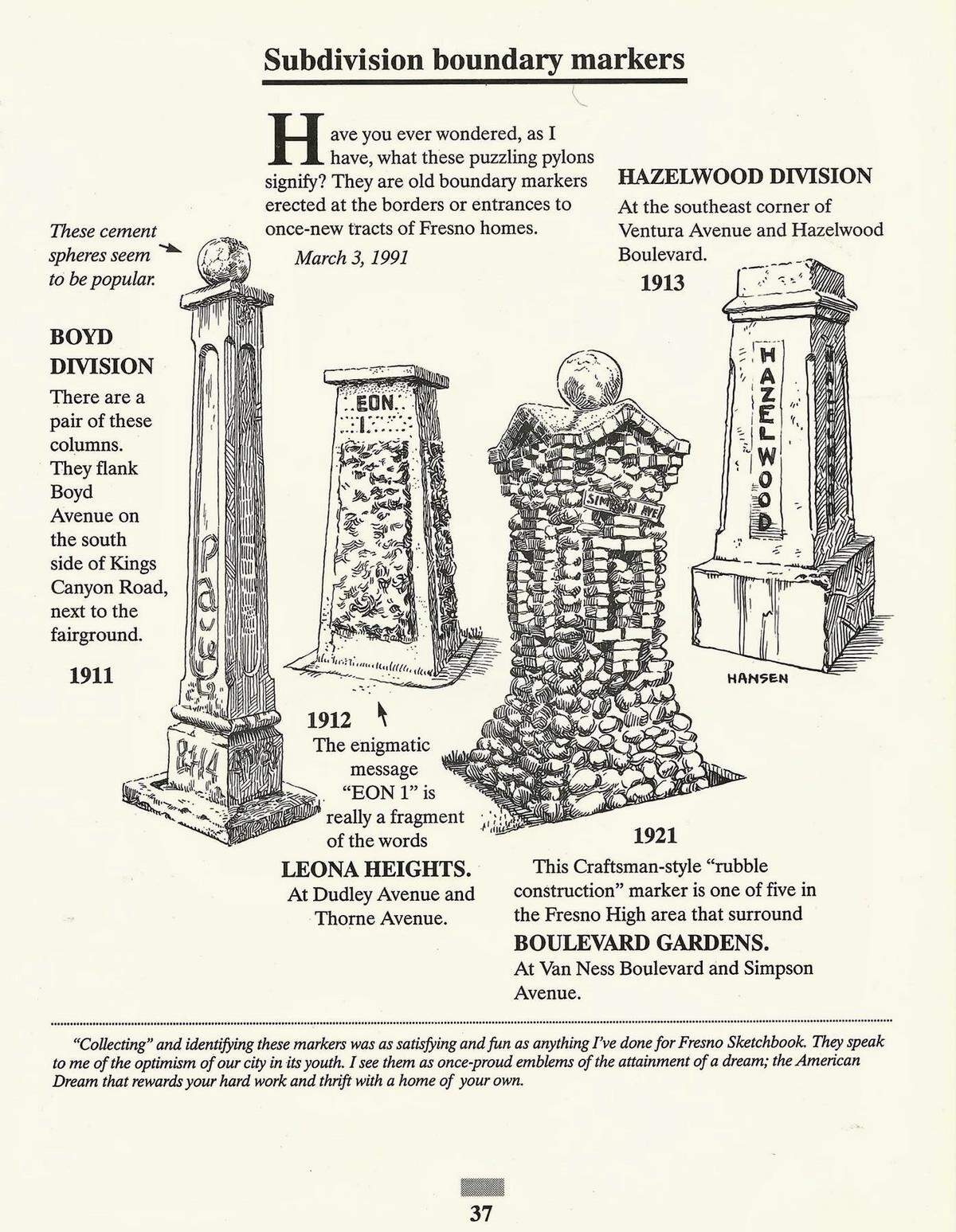An illustration by former Fresno Bee artist Doug Hansen shows the various subdivision boundary markers including the Fresno High neighborhood stone pillar erected in 1921.