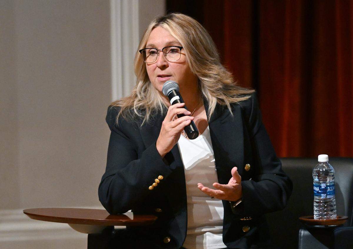 Dr. Carole Goldsmith, State Center Community Colleges Chancellor, participates in the third panel discussion at the Stop The Hate Townhall, held Thursday evening, Sept. 28, 2023 at Fresno City College’s Old Administration Building theater in Fresno. The forum featured three separate panel discussions addressing the impact of hate crimes in the Fresno LGBTQ+ community.