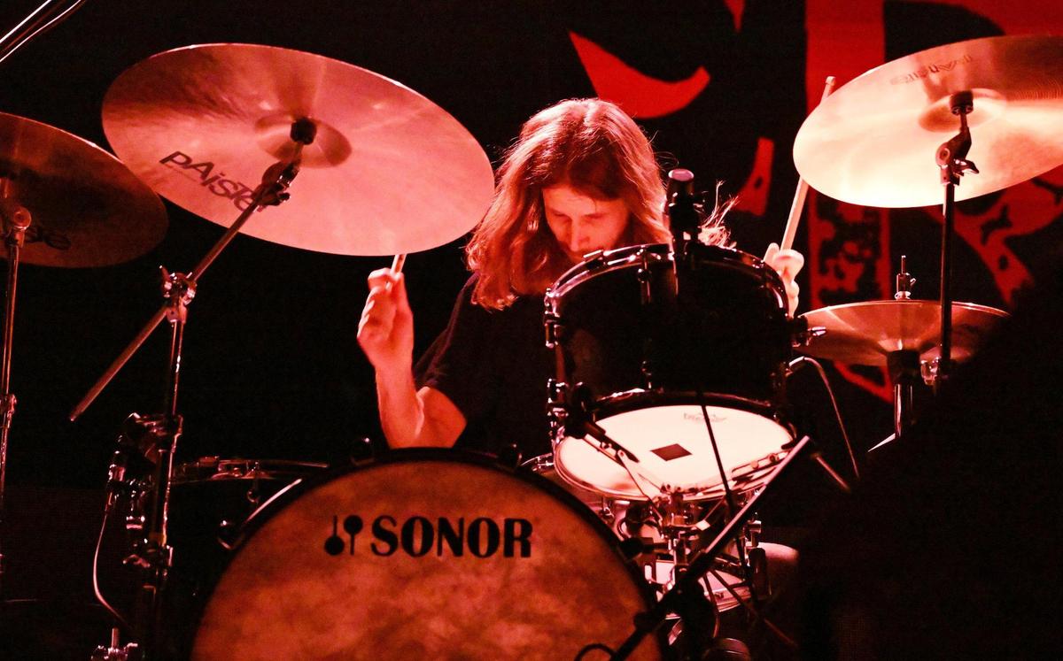 Elder drummer Georg Edert performs at the Save Mart Center Monday, Feb 12, 2024 in Fresno.