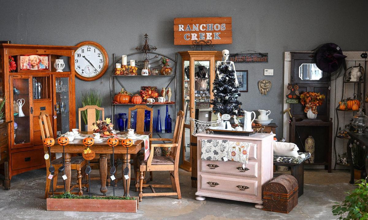 A display with furnishings and seasonally themed items for sale at Resuscitated marketplace and thrift boutique store in Fresno.