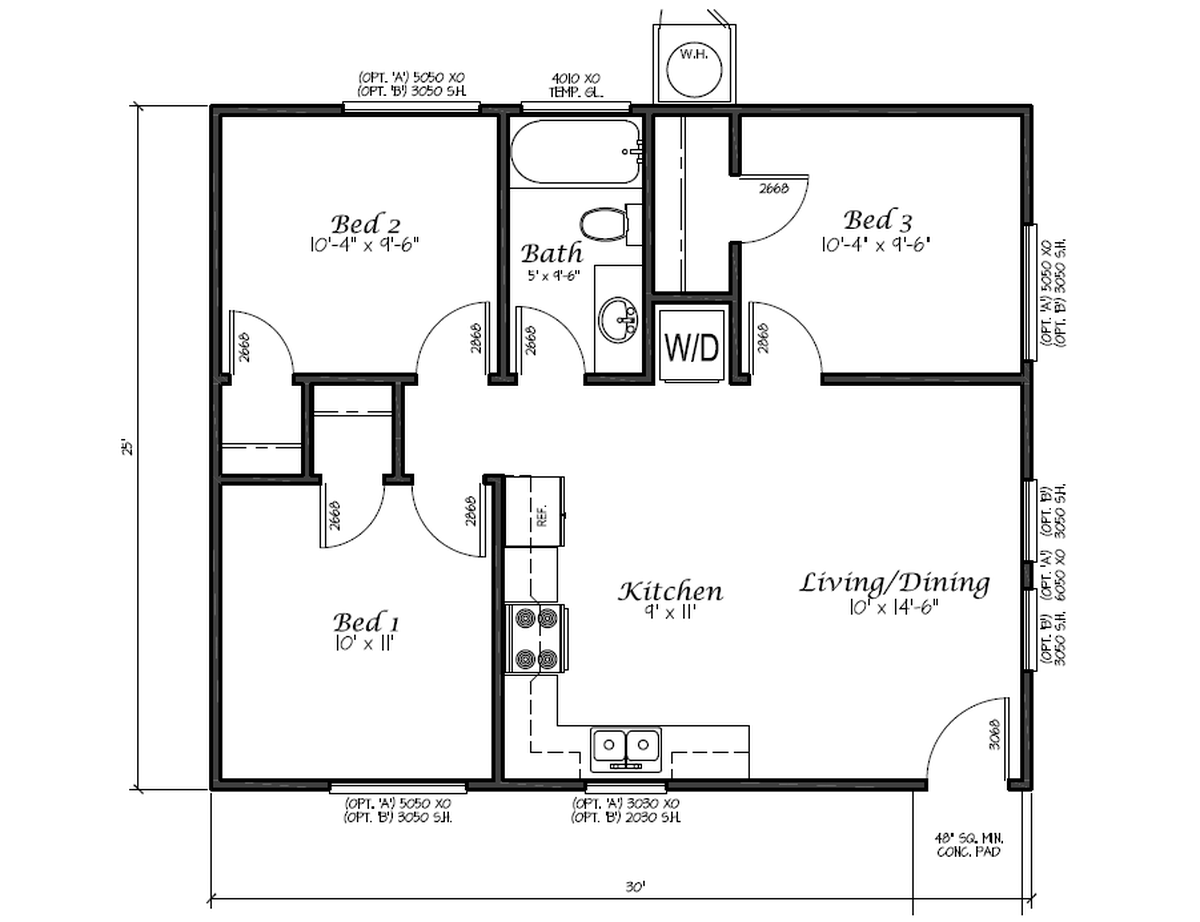 Architect Ubaldo Garcia’s standard ADU plan for the city of Madera is for a 750-square-foot home with three bedrooms, a bathroom, kitchen and dining/living area.