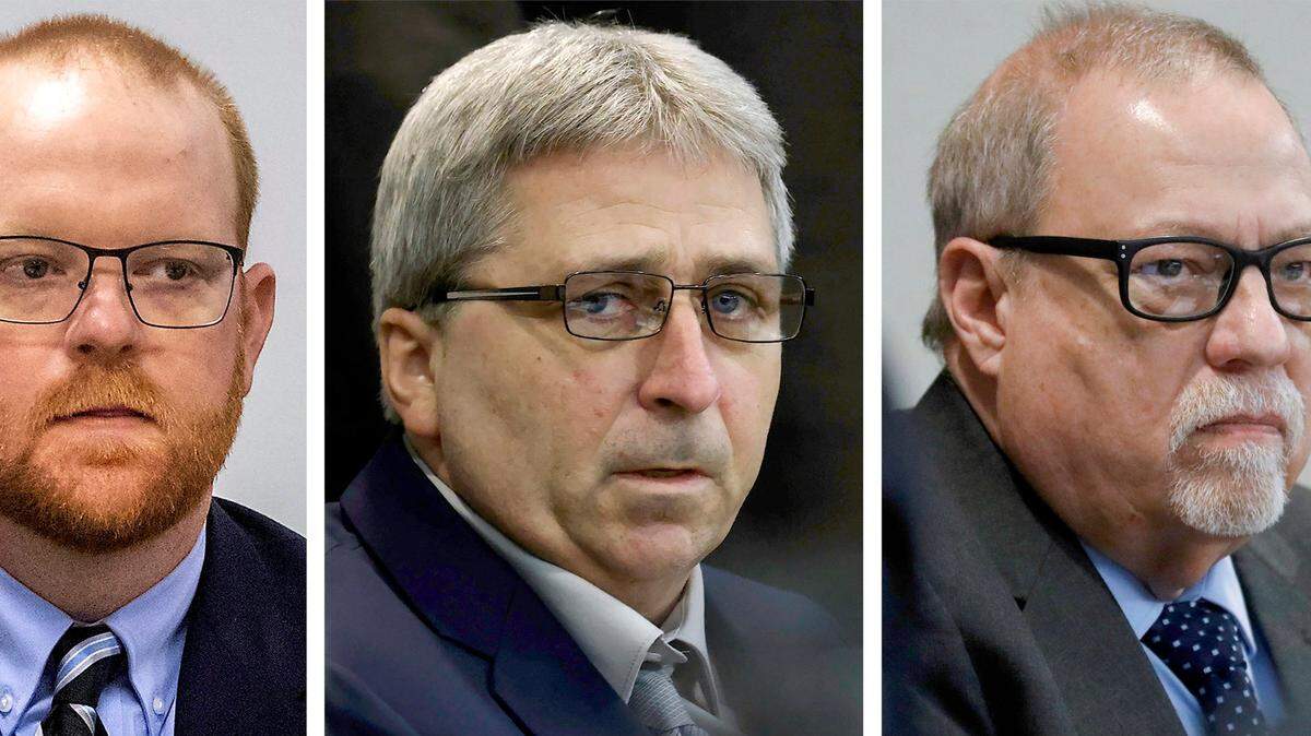 This photo combo shows, from left, Travis McMichael, William “Roddie” Bryan, and Gregory McMichael during their trial at at the Glynn County Courthouse in Brunswick, Ga., in 2021.