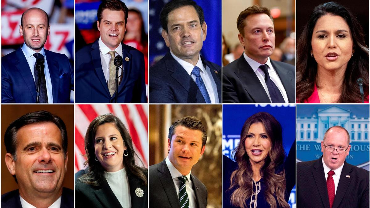 Composición de diez fotografías de archivo donde aparecen algunos miembros del nuevo equipo de Trump, de izquierda a derecha (arriba) Stephen Miller, subdirector de política de la Casa Blanca, Matt Gaetz, fiscal general, Marco Rubio, secretario de Estado, Elon Musk, director de eficiencia gubernamental, Tulsi Gabbard, directora de Inteligencia Nacional, de izquierda a derecha (abajo) John Ratcliffe, director de la CIA, Elise Stefanik, embajadora ante la ONU, Pete Hegseth, jefe del Pentágono, Kristi Noem, secretaria de Seguridad Nacional, y Thomas Homan, zar de la frontera. El futuro presidente de EE.UU., Donald Trump, ya ha empezado a seleccionar su equipo con el nombramiento de una veintena de personas que comparten un perfil común: lealtad absoluta a su visión, una buena presencia en televisión y firme respaldo a sus medidas más polémicas, como las deportaciones masivas.