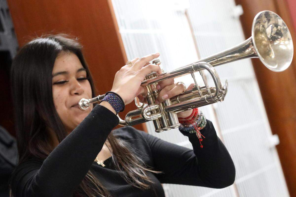 Orosi High School Mariachi Cardenal trumpet player during the mariachi class on Wednesday, March 15, 2023.