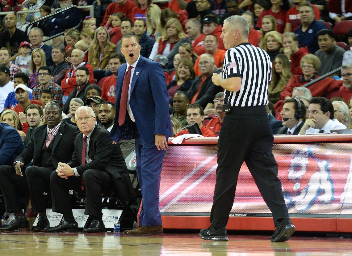 Fresno State coach Justin Hutson yells at the officials during a 74-64 loss to No. 10 Nevada at the Save Mart Center on Saturday, Jan. 12, 2019.