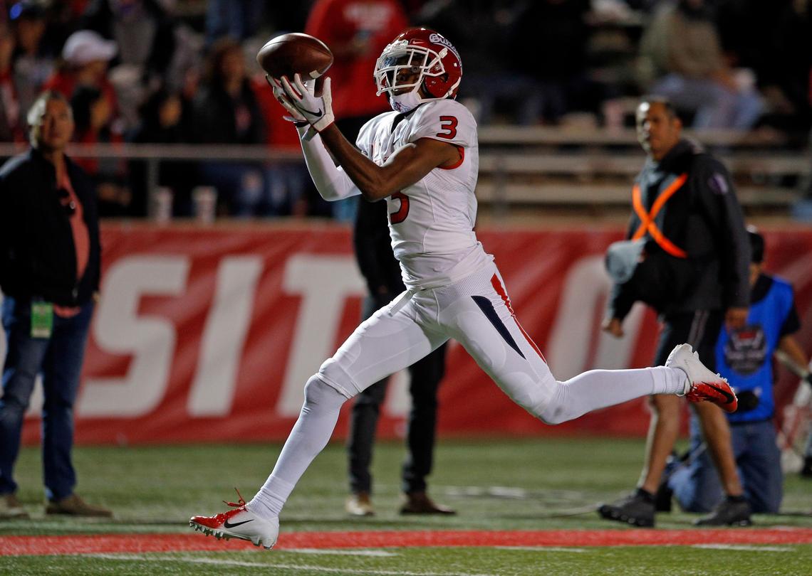 Fresno State wide receiver KeeSean Johnson (3) has one more game to add to his school records for career receptions and career receiving yards. He goes into a Las Vegas Bowl match up against Arizona State with 273 receptions for 3,430 yards.