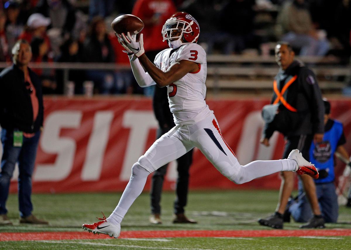 Fresno State wide receiver KeeSean Johnson (3) set school records for career receptions and receiving yards in his senior season, finishing with 275 receptions for 3,463 yards.