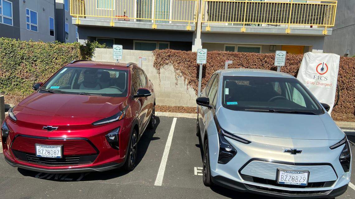 These two 2023 Chevy Bolts are among 40 electric cars that are part of the Clean Shared Mobility Network, a car-share, e-bile share and van pool service offered to residents of southwest and downtown Fresno through Transformative Climate Communities.