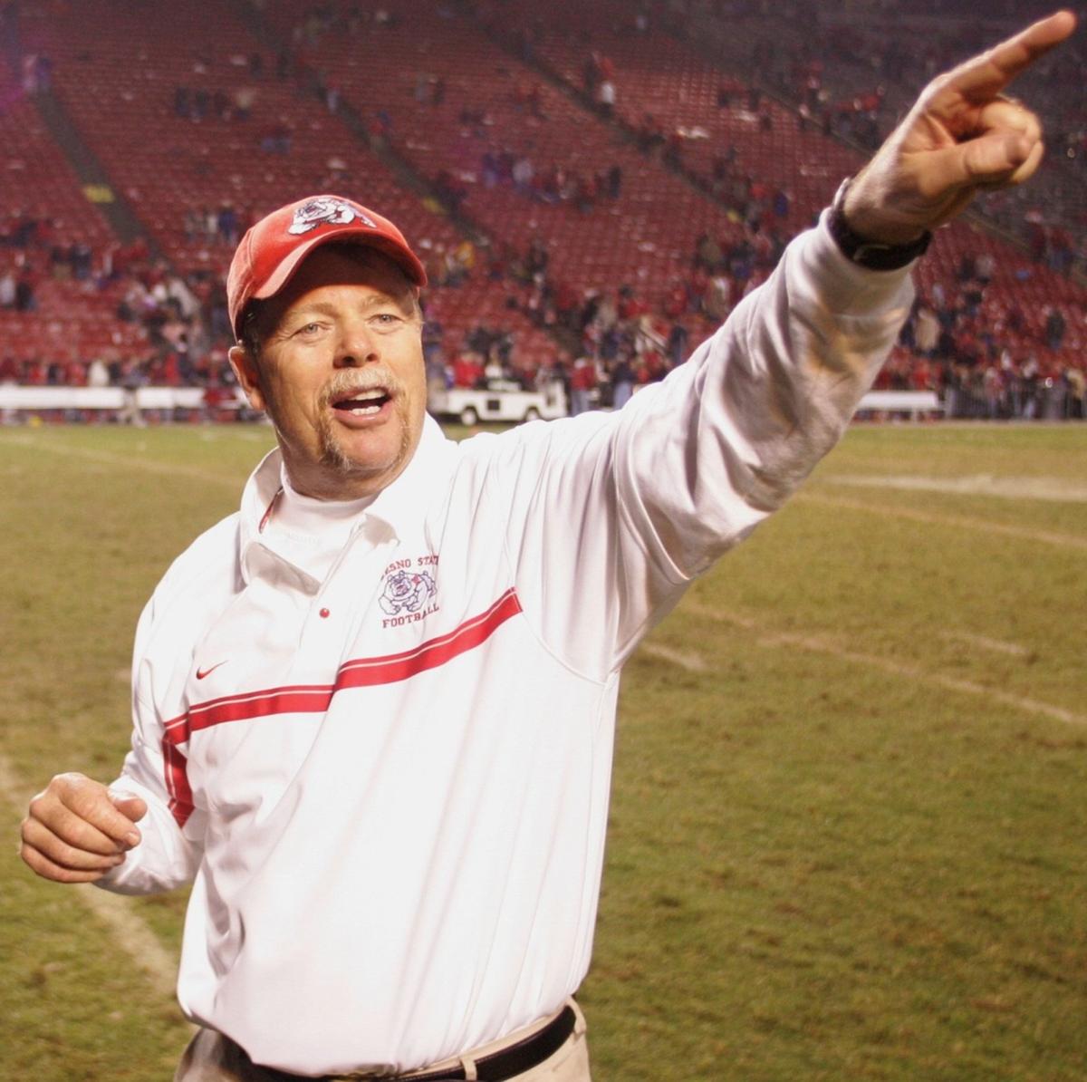 Coach Pat Hill thanks the fans after Fresno State beat Boise State in 2005.